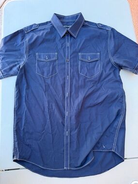 Michael Brandon Navy Short-Sleeve Button-Down Shirt with Contrast Stitching